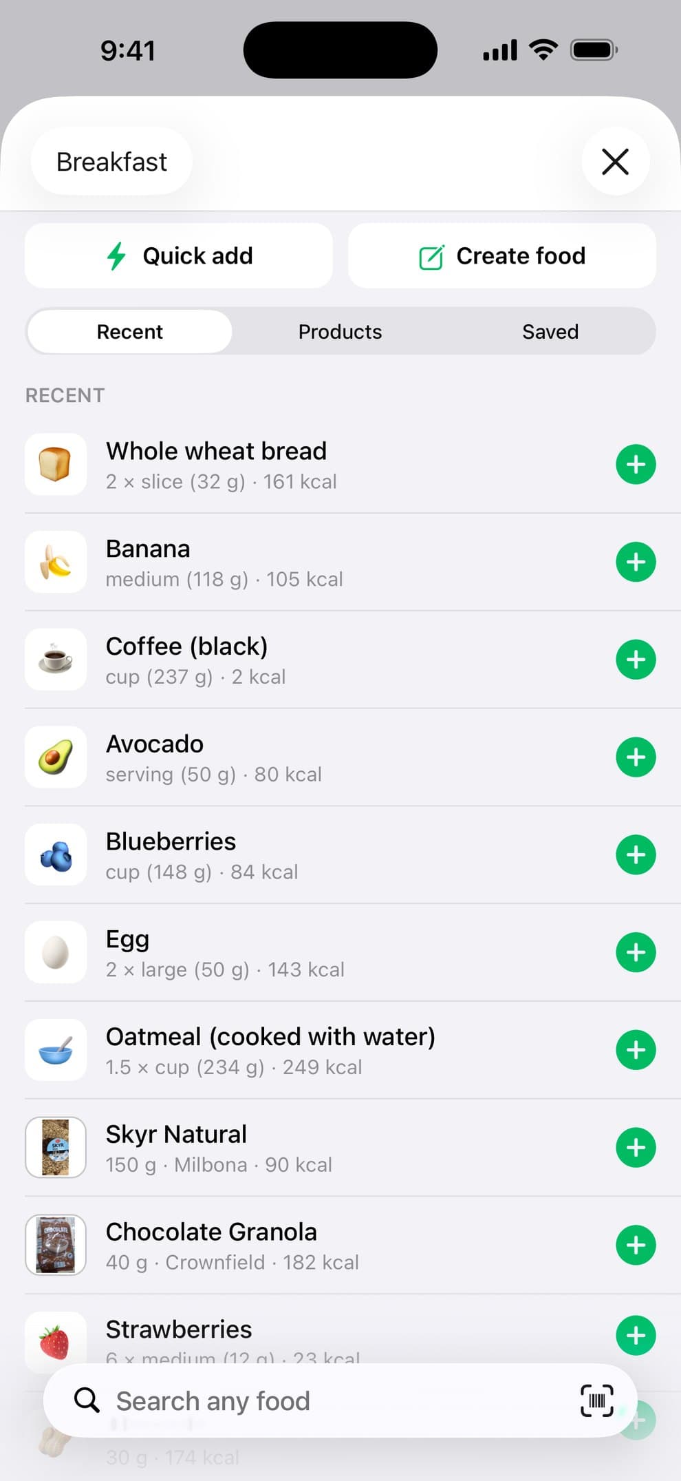 Add Food with recent foods, quick add and search